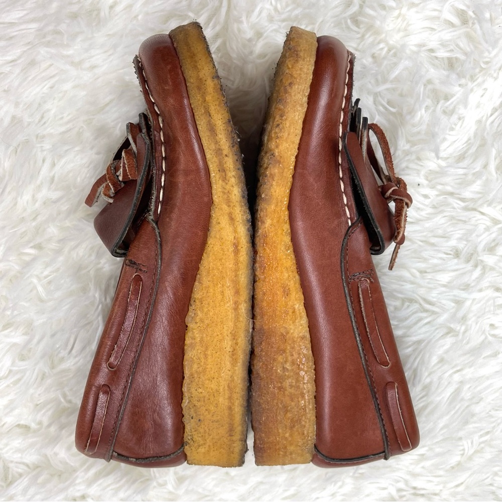 VTG 1970’s Sears Roebuck Brown Leather Thick Gum Sole Loafers w Fringe and Bow - Picture 2 of 15